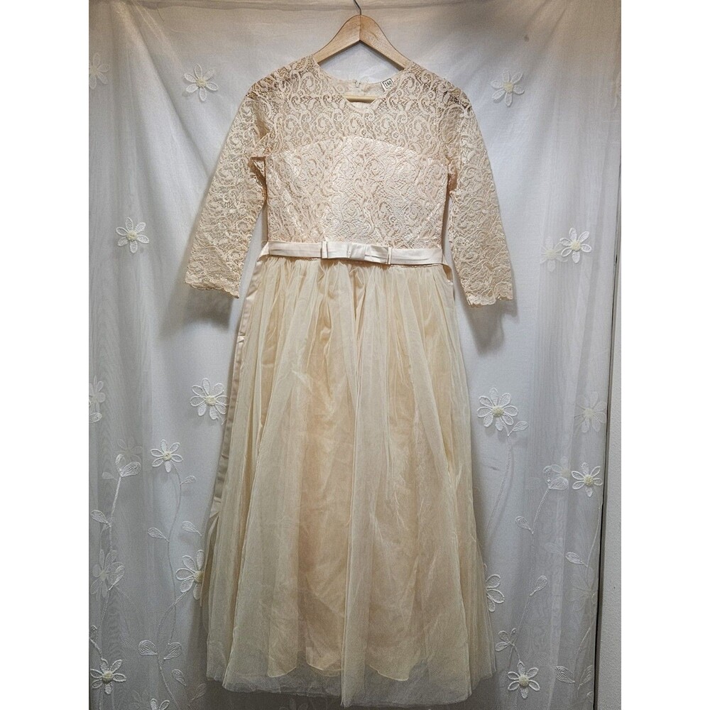 Girls 14-16 Champagne Beige Dress Maxi Tulle Floral Lace Bodice Wedding party